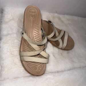 Crocs A-Leigh Women's Size 10 Beige Cork Wedge Sandals Strappy Suede Like Style